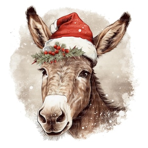 9 Imágenes prediseñadas de burro de Navidad, burro vintage, imágenes prediseñadas de acuarela imprimibles, JPG de alta calidad, descarga digital, artesanía de papel, diarios basura