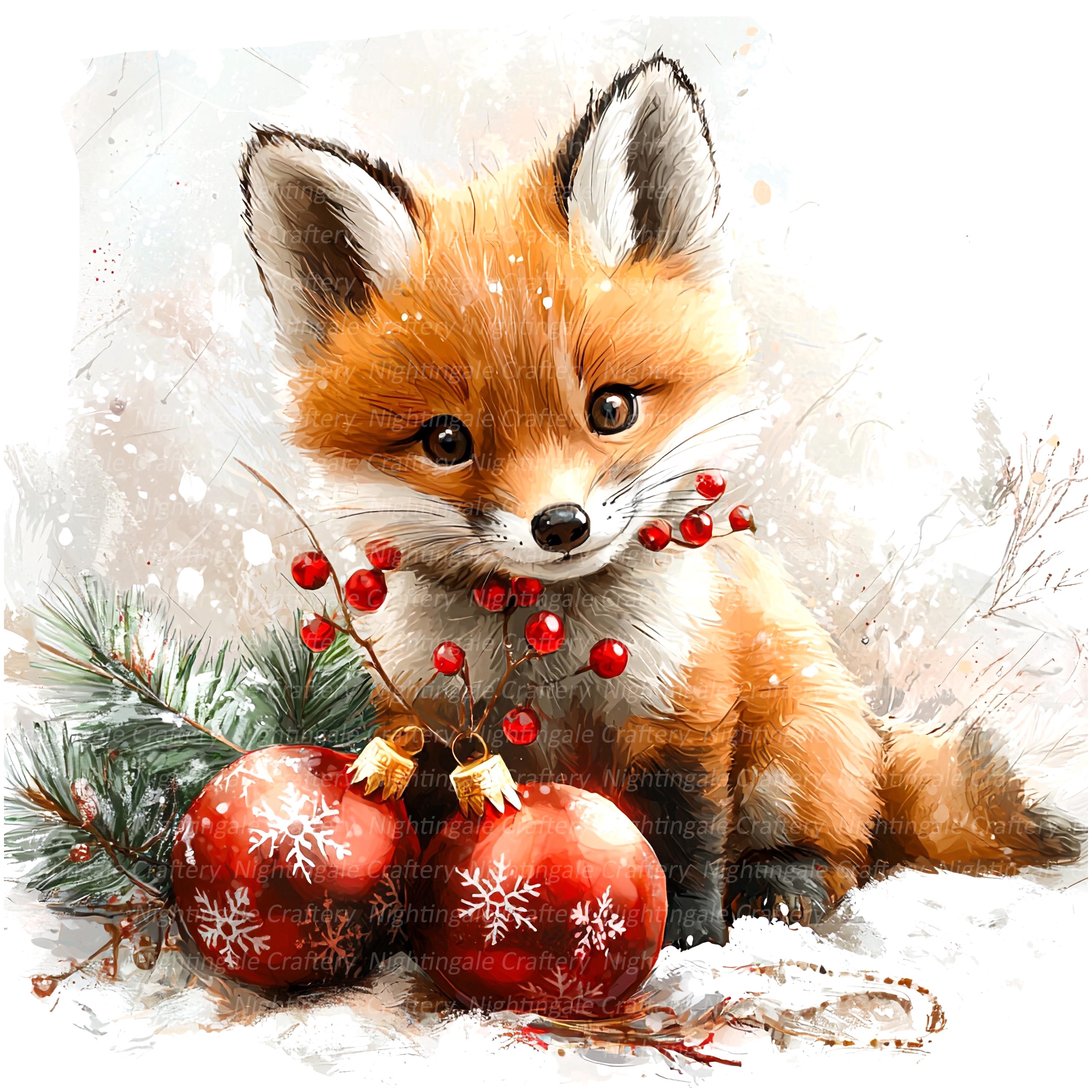 10 Christmas Fox Clipart, Christmas Card, Printable Watercolor Clipart ...