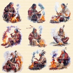 K&ouml;nnte beinhalten: Eine Sammlung von Aquarellillustrationen, die indianische Figuren in traditioneller Kleidung darstellen. Jedes Bild zeigt eine Person, die in der N&auml;he eines kleinen Feuers sitzt und eine Pfeife raucht. Die Figuren sind von Rauch und Flammen umgeben, mit einem weichen, k&uuml;nstlerischen Stil.