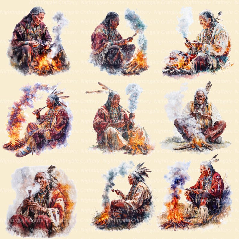 K&ouml;nnte beinhalten: Eine Sammlung von Aquarellillustrationen, die indianische Figuren in traditioneller Kleidung darstellen. Jedes Bild zeigt eine Person, die in der N&auml;he eines kleinen Feuers sitzt und eine Pfeife raucht. Die Figuren sind von Rauch und Flammen umgeben, mit einem weichen, k&uuml;nstlerischen Stil.