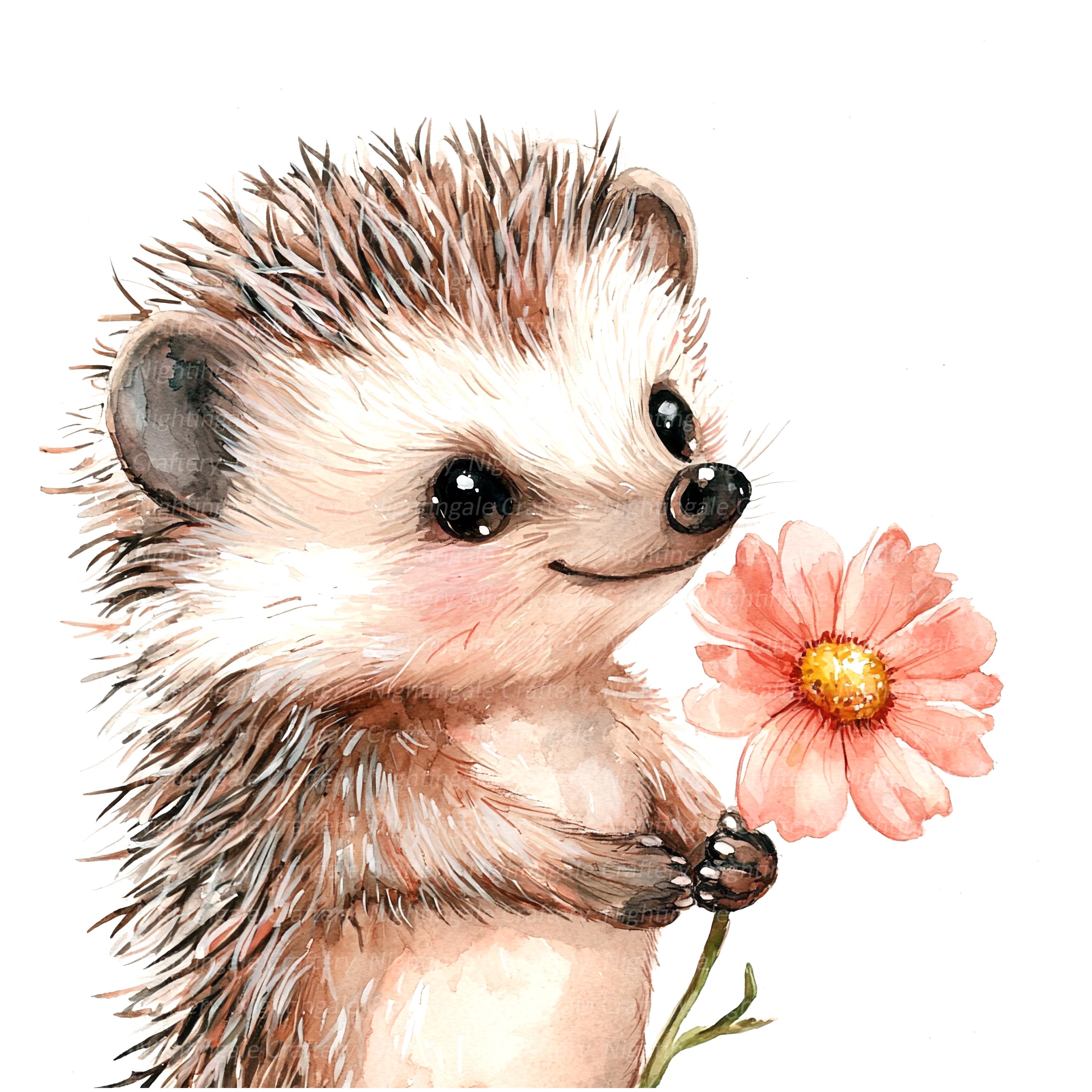 花を持ったハリネズミのクリップアート10点、かわいいハリネズミ、印刷