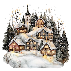 10 imágenes prediseñadas de pueblo navideño, tarjeta navideña, imágenes prediseñadas de acuarela imprimibles, PNG de alta calidad, descarga digital, manualidades de papel, diario basura