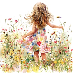 10 Girl in Flowers Clipart, Wildflower Clipart, Printable Watercolor ...