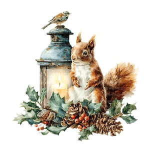 May include: Watercolor illustration of a squirrel, bird, and lantern. The squirrel stands beside a lit candle inside a weathered blue lantern. Holly, pinecones, and berries surround the lantern, creating a festive winter scene.