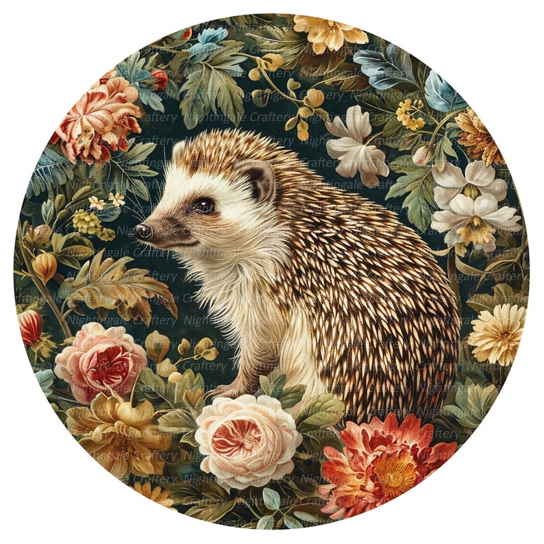 May include: A round illustration of a hedgehog surrounded by colorful flowers. The hedgehog is brown and white with a dark nose and small black eyes. The flowers are pink, red, yellow, and white.