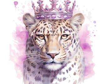 May include: A watercolor painting of a leopard wearing a pink crown with blue jewels. The leopard has a serious expression and is looking directly at the viewer. The background is a soft pink watercolor wash.
