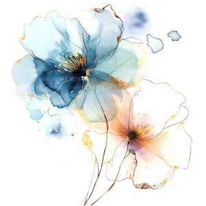 Op de afbeelding: Twee aquarelbloemen met gouden accenten. De grotere bloem is blauw en de kleinere is perzikkleurig.