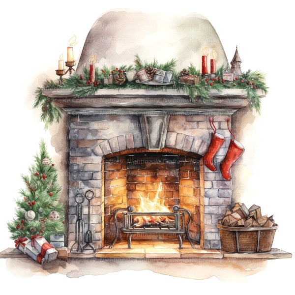 14 Christmas Fireplace Clipart, Printable Watercolor clipart, High Quality JPG, Digital download, High Resolution, Paper craft, junk journal