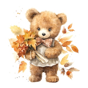 Peut inclure: Illustration à l'aquarelle d'un ours en peluche tenant un bouquet de feuilles d'automne. L'ours porte une chemise grise et un nœud papillon à carreaux. Les feuilles sont dans les tons orange, jaune et marron, sur fond blanc.