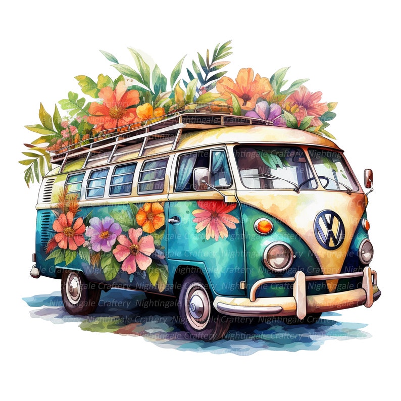 10 Floral Hippie Bus Clipart, Hippie Van, Printable Watercolor clipart, High Quality JPGs, Digital download, High Resolution, Paper craft image 3