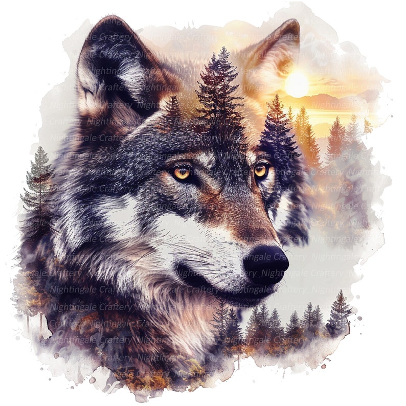 May include: A digital art print featuring a wolf's face with a forest and sunset overlay. The wolf has brown and gray fur with yellow eyes. The forest scene includes pine trees and a sunset in the background.
