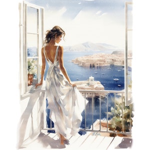 12 Kobieta balkon Grecja Clipart, Santorini, Wydrukowalne akwarelowe clipart, Wysokiej jakości JPG, Pobieranie cyfrowe, Rękodzieło papierowe, dziennik śmieci