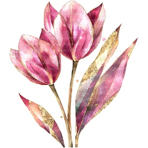 12 cliparts tulipes ornés de bijoux, tulipes roses dorées, clipart aquarelle imprimable, fichiers JPG de haute qualité, téléchargement numérique, créations en papier, journal indésirable