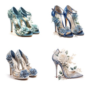 Peut inclure: Quatre paires de chaussures &agrave; talons hauts bleues et blanches avec des embellissements floraux. Les chaussures sont d&eacute;cor&eacute;es de fleurs et de feuilles bleues et blanches.