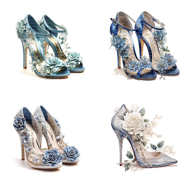 Peut inclure: Quatre paires de chaussures &agrave; talons hauts bleues et blanches avec des embellissements floraux. Les chaussures sont d&eacute;cor&eacute;es de fleurs et de feuilles bleues et blanches.