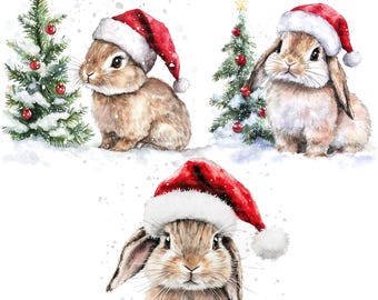 14 Cute Bunny Christmas Clipart, Santa Bunny, Printable Watercolor clipart, High Quality PNGs, Digital download, Paper craft, junk journal