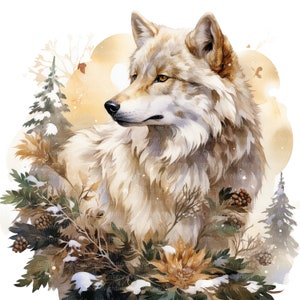 12 Christmas Wolf Clipart, Golden theme, Printable Watercolor clipart, High Quality JPGs, Digital download, Paper crafts, junk journals
