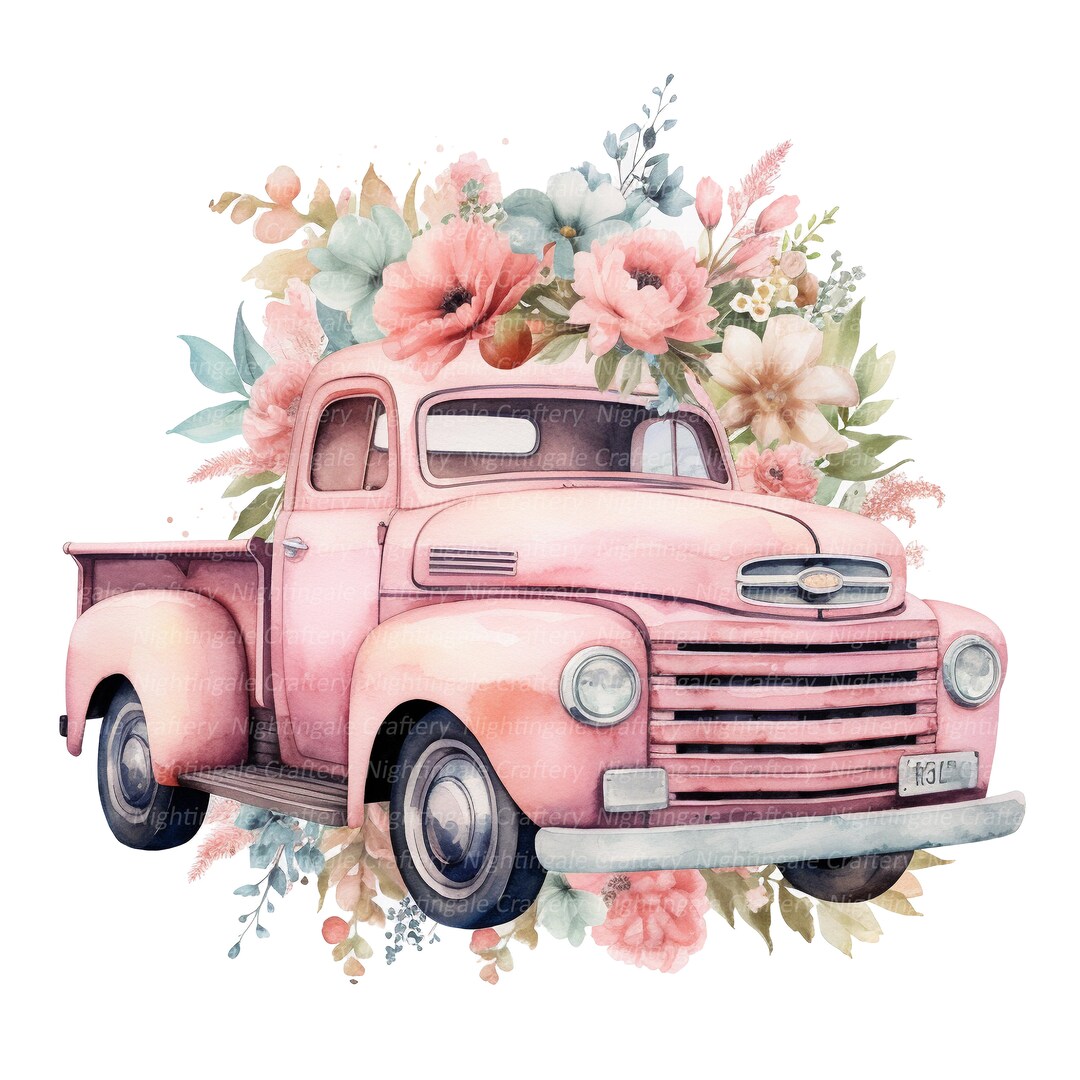 9 Vintage Floral Truck Clipart, Retro Truck, Printable Watercolor ...
