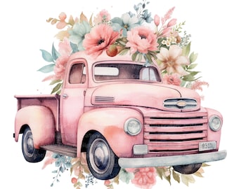 9 Vintage Floral Truck Clipart, Retro Truck, Printable Watercolor clipart, High Quality JPG, Digital download, Paper craft, junk journals