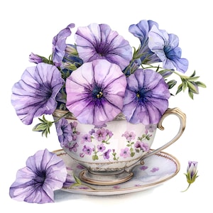 11 Clipart di petunie, tazza da tè floreale, clipart di acquerelli stampabili, JPG di alta qualità, download digitale, creazione di carta, diario di scarto