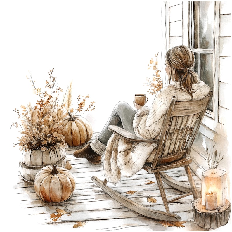 7 Cozy Porch Clipart, Autumn Porch, Coffee, Printable Watercolor ...