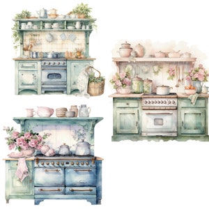 vintage floral kitchen scene clipart set graphic by... 14 Vintage Floral Kitchen Clipart, Shabby Chic, Printable Watercolor ...