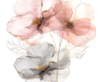 10 clipart di fiori astratti in formato PNG, fiori rosa e grigi, clipart ad acquerello stampabili, PNG trasparenti, download digitale, lavori di carta, diari