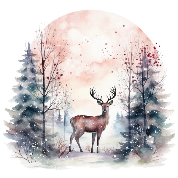 10 Christmas Deer Clipart, Christmas Card Art, Printable Watercolor clipart, High Quality JPGs, Digital download, Paper craft, junk journal
