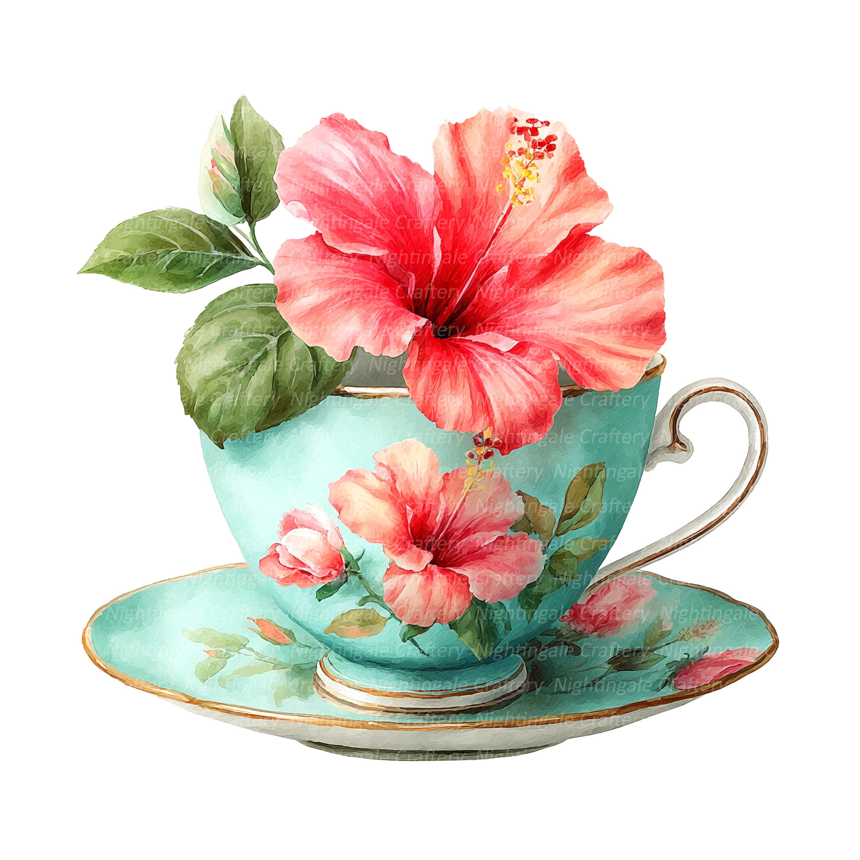14 Floral Tea Cup Clipart, Floral Tea Set 2, Printable Watercolor