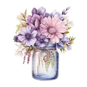 16 Flowers in Jar Clipart, Wild Flowers Clipart, Printable Watercolor ...