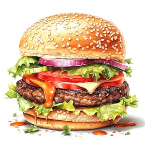 Op de afbeelding: Een sappige hamburger met een sesamzaadjesbroodje, sla, tomaat, ui en een plakje kaas. De hamburger is bedekt met een zoetzure saus.