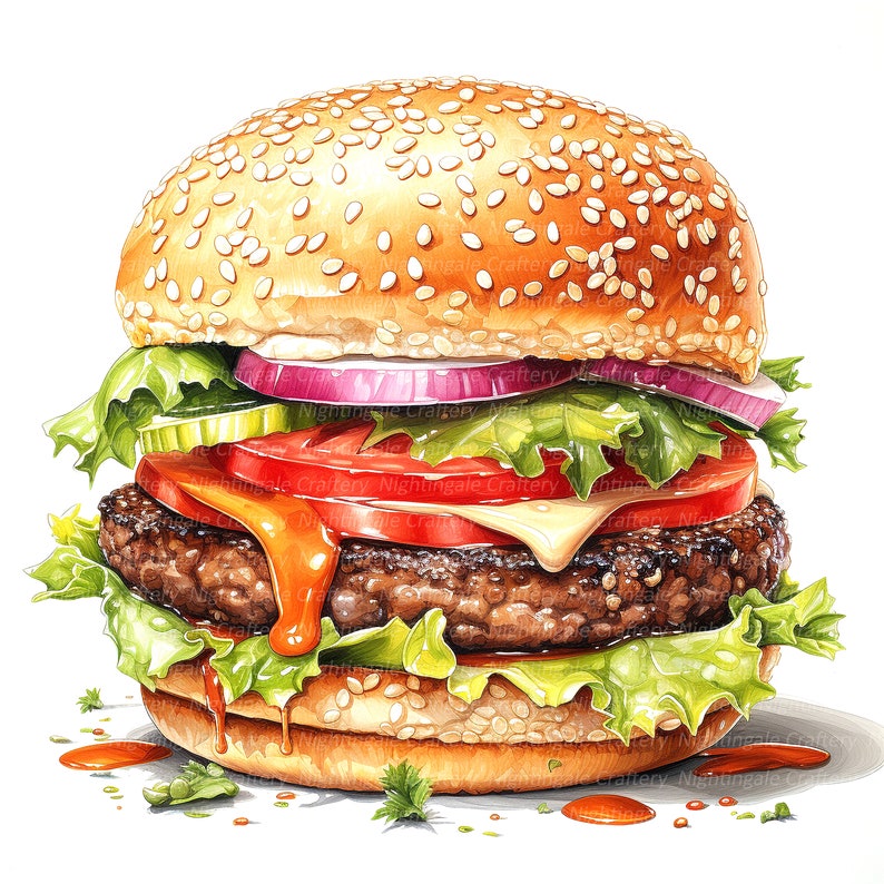 Op de afbeelding: Een sappige hamburger met een sesamzaadjesbroodje, sla, tomaat, ui en een plakje kaas. De hamburger is bedekt met een zoetzure saus.