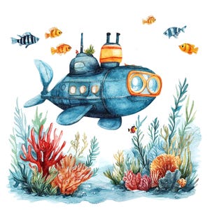 12 Cute Submarine Clipart, Underwater Clipart, Printable Watercolor clipart, High Quality JPGs, Digital download, Paper craft, journaling