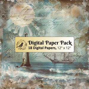18 Faro su sfondo nautico, pacchetto di carta digitale 12 x 12, carta per diario spazzatura, carta per album, carta stampabile, JPG di alta qualità