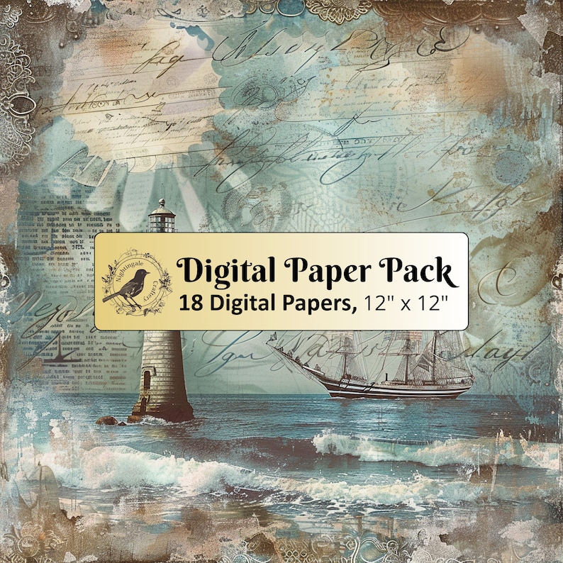 18 Lighthouse on Nautical Background, 12 X 12 Digital Paper Pack, Junk ...