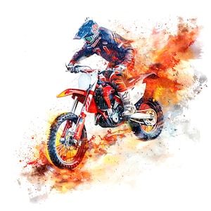 May include: A red and white motocross bike with a rider in a red, white, and blue racing suit. The bike is in mid-air with a spray of orange and yellow paint behind it.