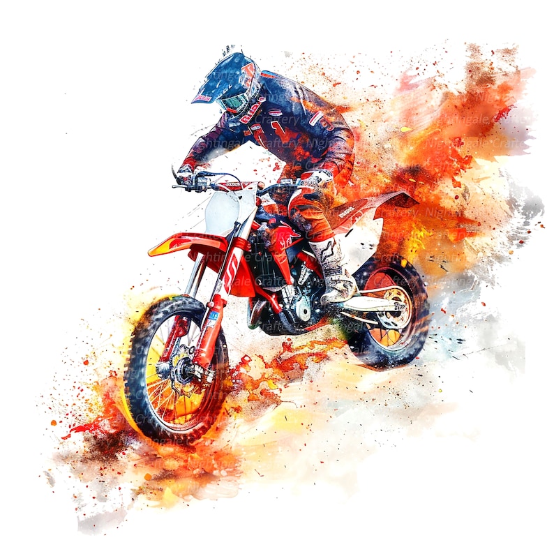 May include: A red and white motocross bike with a rider in a red, white, and blue racing suit. The bike is in mid-air with a spray of orange and yellow paint behind it.