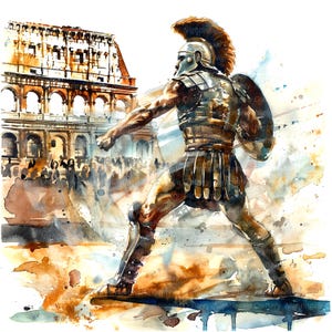 Op de afbeelding: Een aquarel schilderij van een Romeinse soldaat in volledige bepantsering, staande voor het Colosseum. De soldaat houdt een schild en een zwaard vast en kijkt naar de menigte. Het schilderij is gemaakt in een realistische stijl, met aandacht voor detail.