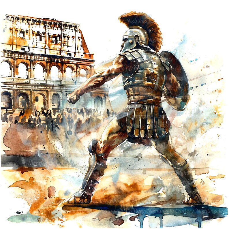 Op de afbeelding: Een aquarel schilderij van een Romeinse soldaat in volledige bepantsering, staande voor het Colosseum. De soldaat houdt een schild en een zwaard vast en kijkt naar de menigte. Het schilderij is gemaakt in een realistische stijl, met aandacht voor detail.