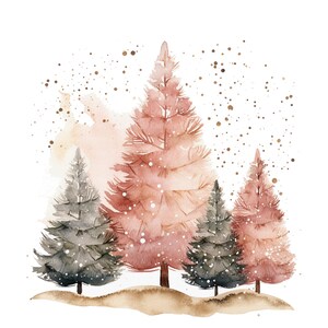 May include: Watercolour painting of a winter forest scene with three trees. The trees are painted in shades of pink, green, and brown. The background is a light pink with gold speckles.