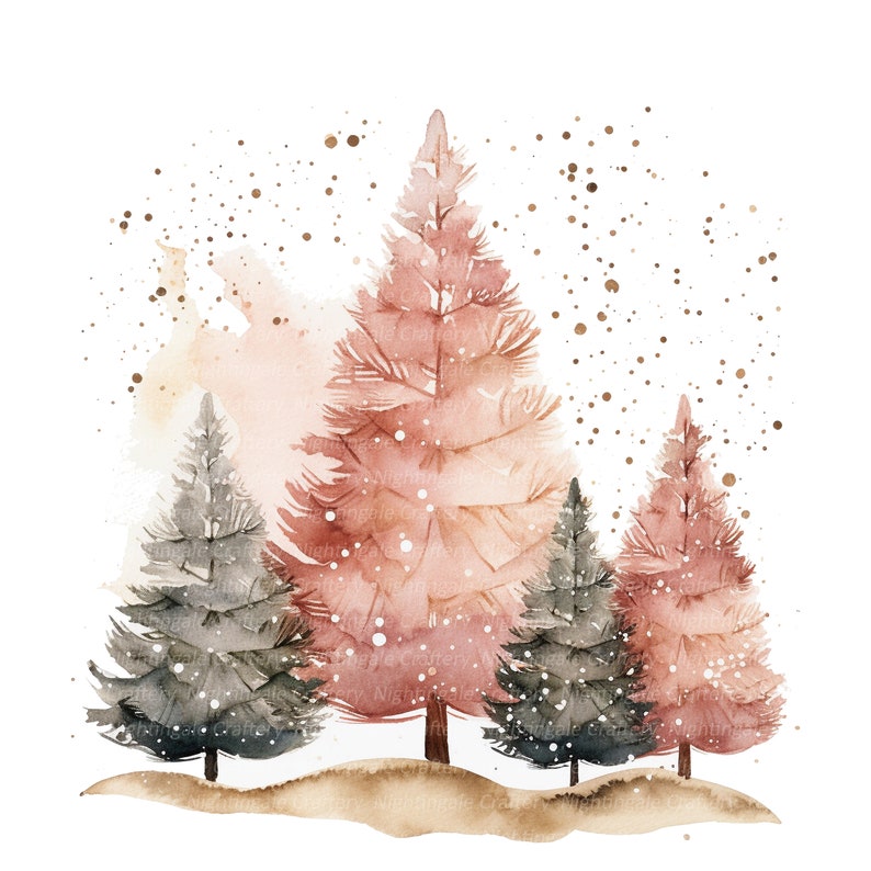 May include: Watercolour painting of a winter forest scene with three trees. The trees are painted in shades of pink, green, and brown. The background is a light pink with gold speckles.
