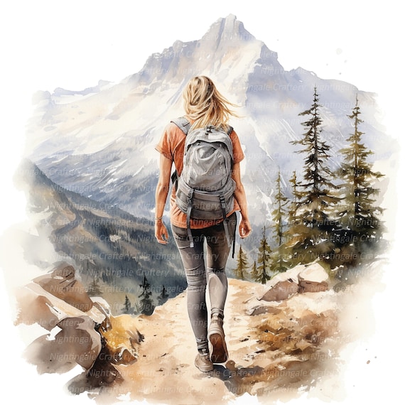 14 Woman Hiking Clipart, Mountain Hiking, Printable Watercolor clipart, High Quality PNGs, Digital download, Paper craft, junk journal