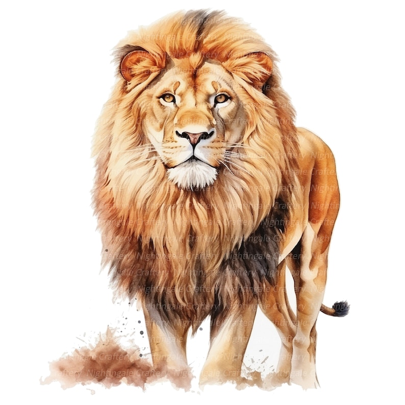Puede incluir: Una pintura de acuarela de un le&oacute;n con una melena dorada y una expresi&oacute;n seria. El le&oacute;n camina hacia el espectador con la cabeza en alto. El fondo es de color marr&oacute;n claro con salpicaduras de pintura blanca.