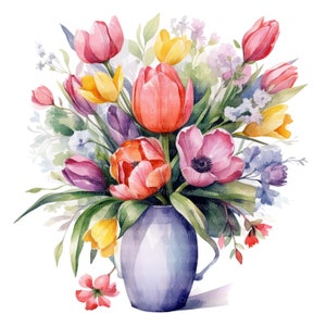 10 Spring Flowers in Vase Clipart, Tulips, Printable Watercolor Clipart ...