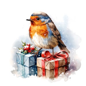 10 Christmas Robin And Gifts, clipart em aquarela para impressão, JPGs de alta qualidade, download digital, artesanato em papel, diários indesejados