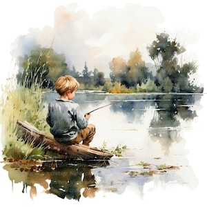 9 Clipart pêche enfant, petit garçon pêcheur, clipart aquarelle imprimable, fichiers JPG de haute qualité, téléchargement numérique, créations en papier, journal indésirable