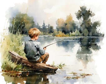 9 imágenes prediseñadas de niños pescando, niño pequeño pescando, imágenes prediseñadas de acuarela imprimibles, JPG de alta calidad, descarga digital, manualidades en papel, diario de recortes