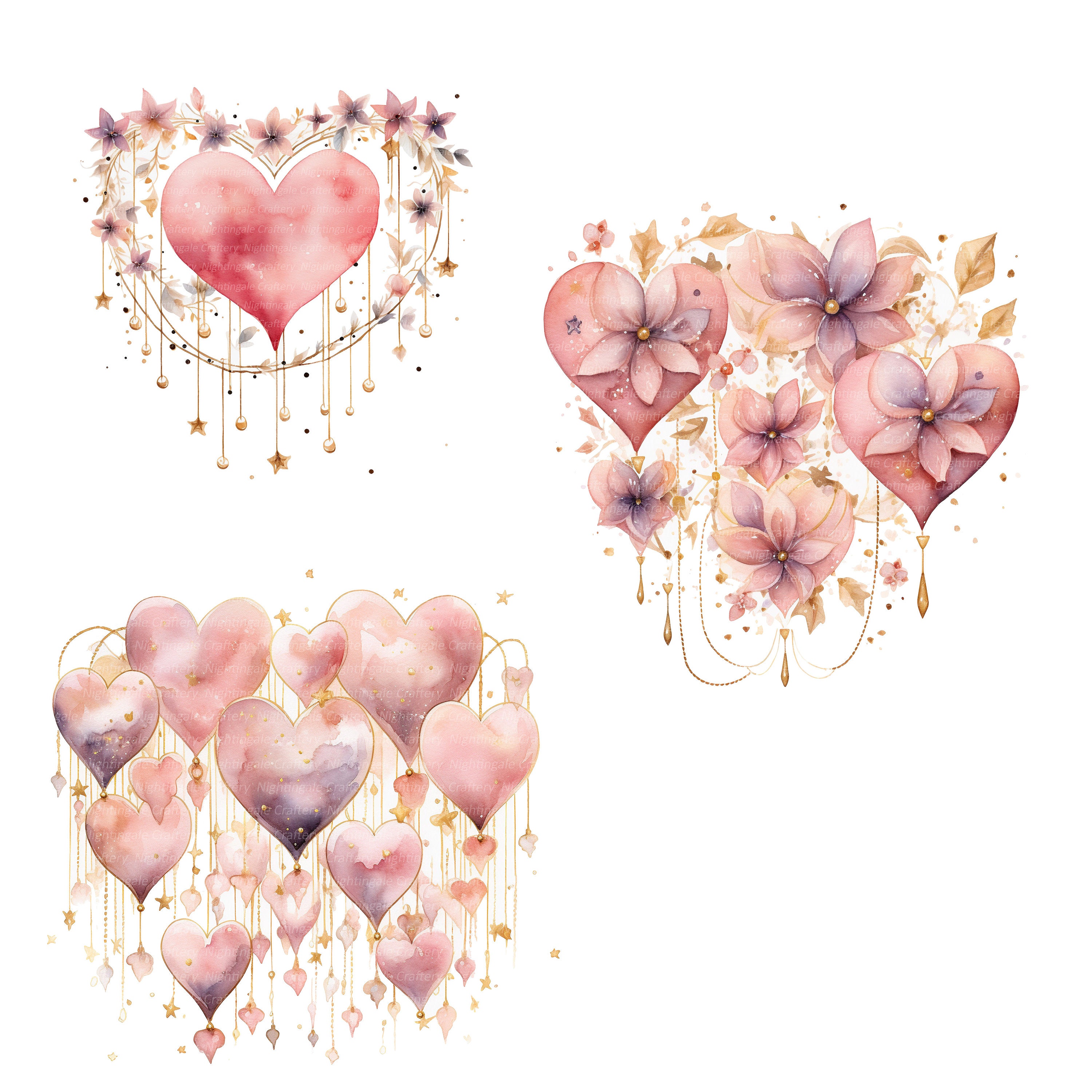 14 PNG Pink Gold Hearts Clipart, Floral Heart Clipart, Digital Clipart ...