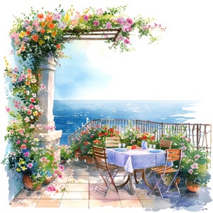 Puede incluir: Una pintura de acuarela de un patio con una mesa y sillas preparadas para una comida. El patio está decorado con flores y tiene vistas al mar.