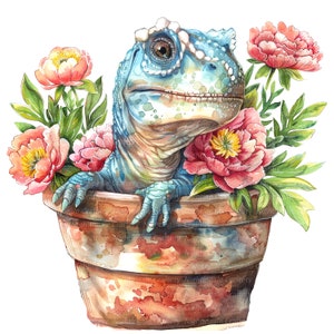 12 Dinosaur Flower Pot Clipart, Cartoon Dinosaur, Printable Watercolor clipart, High Quality JPG, Digital download, Paper craft, sublimation